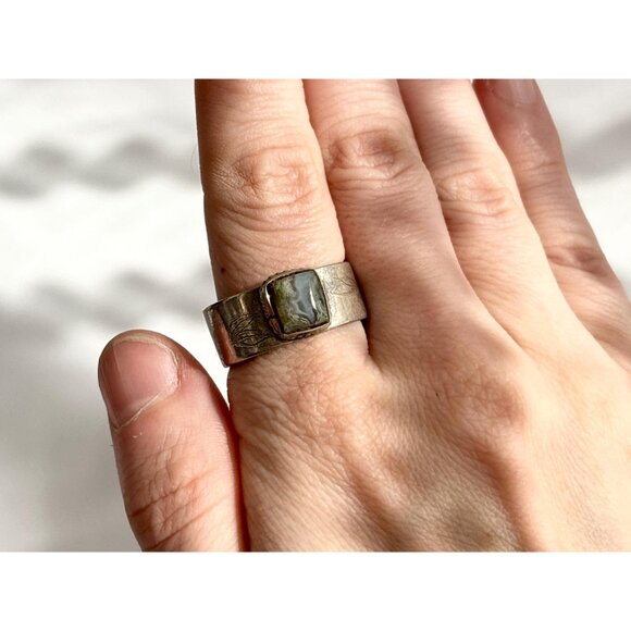 Jasper Gemstone Straight Banded Carved Pewter Statement Vintage Ring - sz 11 - Picture 9 of 13